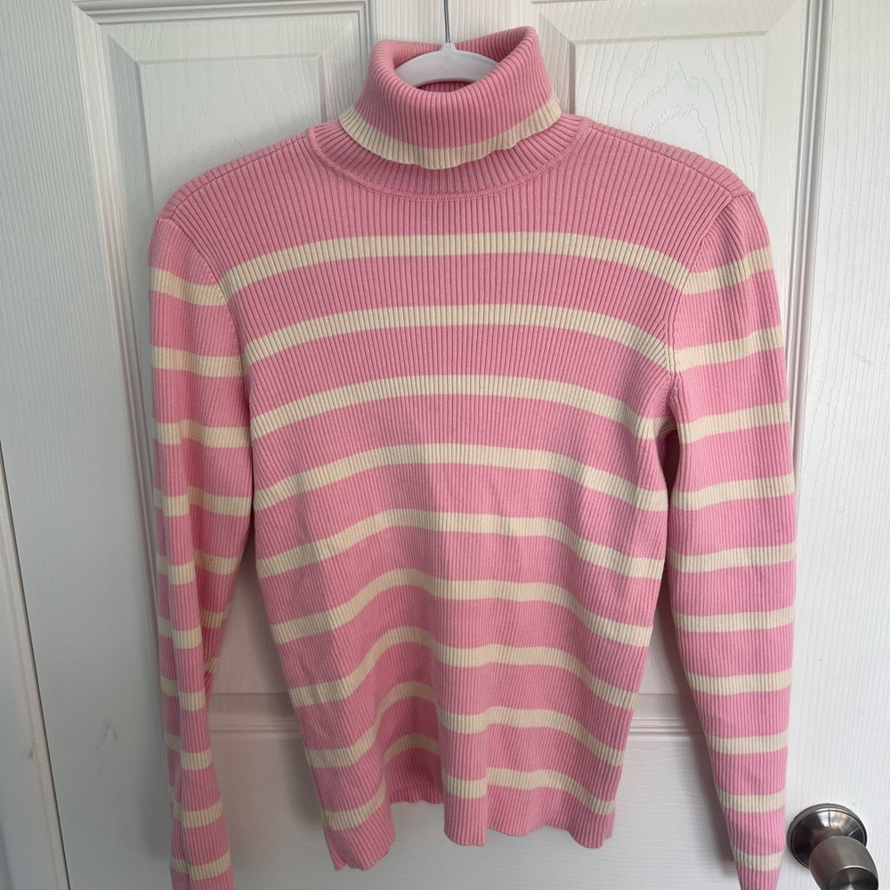 Ralph Lauren Pink and Cream Striped Turtleneck Sweater